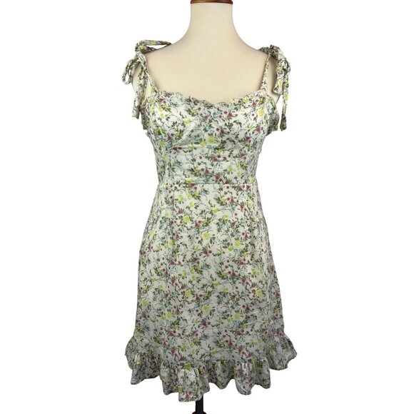 Floral Sleeveless Mini Dress Womens S Ruffled Hem Tie Shoulder Straps - Picture 1 of 12